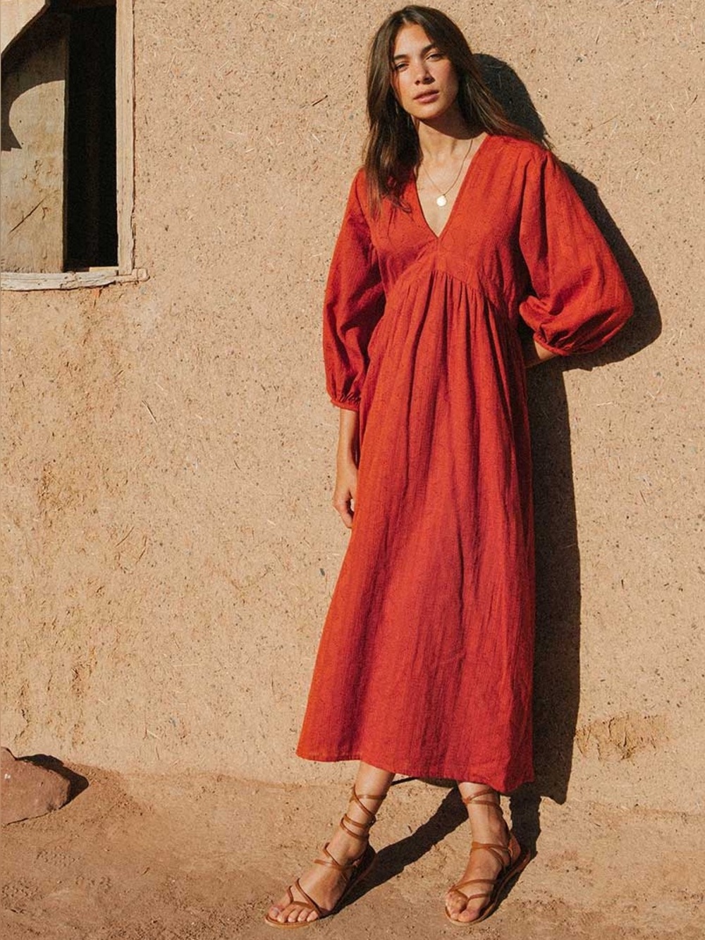 Rove ALMA Rust Red V-Neck Balloon Sleeve Midi Dress Sz Medium